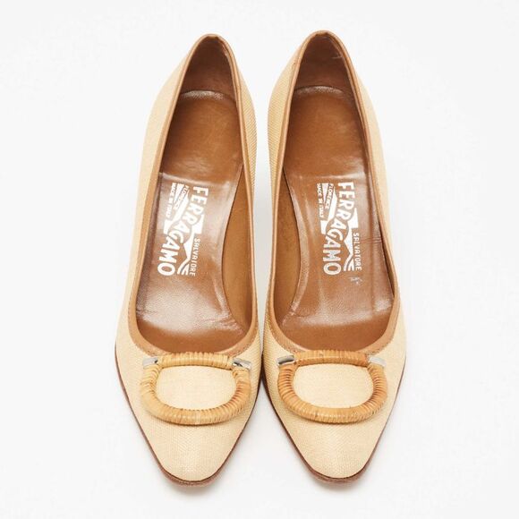 Salvatore Ferragamo Beige/brown Woven Canvas And Leather Pumps Size 37.5